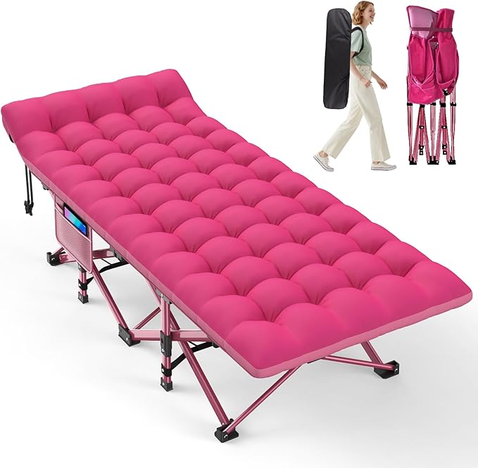 ZENPETIO Camping Cot for Adults - Heavy-Duty Cot Bed with Mattress, Portable Sleeping Cots for Outdoor Indoor, 1200D Oxford Folding Cots for Home Travel, Max Load 500LBS, Pink28in