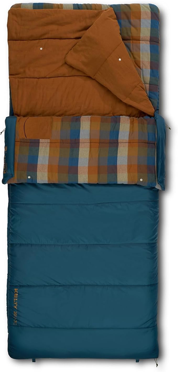 Kelty Wayback Flannel Lined Sleeping Bag, Built in Blanket, Traditional Rectangle Shape, Organic Flannel Cotton Liner, Dual Locking Slide Zips