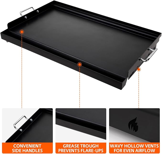 LotFun 30" x 15" Carbon Steel Cooking Griddle for Outdoor Gas Grill, Universal Griddle Flat Top Plate Insert with Grease Groove and Removable Handles for Electric/Charcoal/Gas Grill, Camping,Party