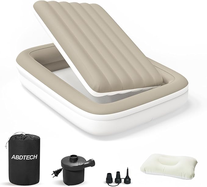 Inflatable Toddler Travel Bed - 53 Inches Portable Toddler Air Mattress with Four Safety Sides - High-Speed Pump and Carry Bag - Comfortable Mattress & Easy to Inflate and Deflate - Apricot