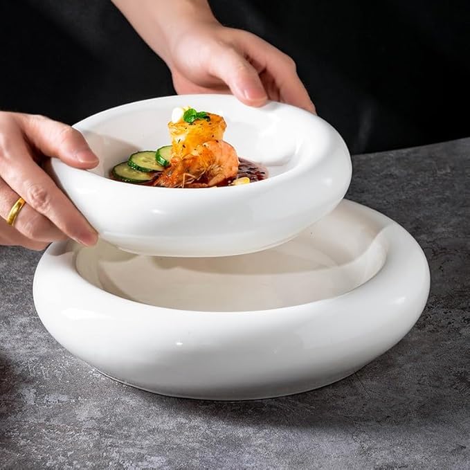 Camping Plates 8-inch White Ceramic Kitchen Tableware Creative Artistic Conception Western Food Plating Hotel Restaurant Cold Dish Bowl Decorative Plate(8 in)