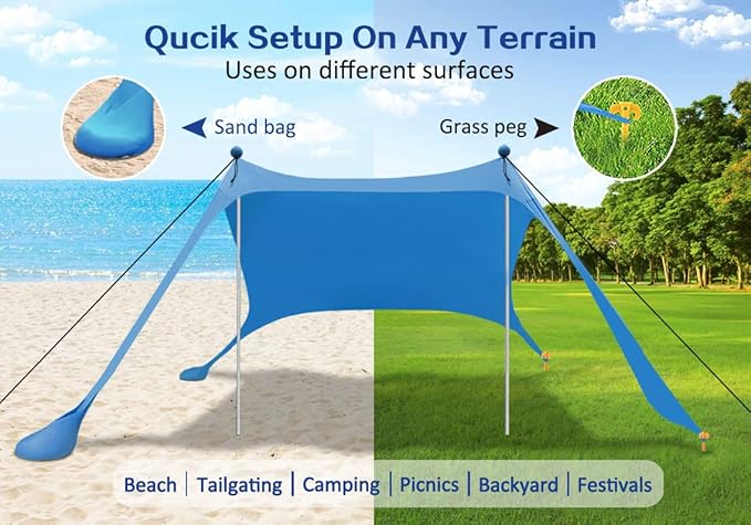 Beach Canopy Beach Tent Pop Up Shade 7.5X7.5 FT Portable Sun Shelter Extra Windproof Rope Stable Sun Protection with Carry Bag Easy Set Up for Family Outdoor Camping Fishing Backyard Picnics