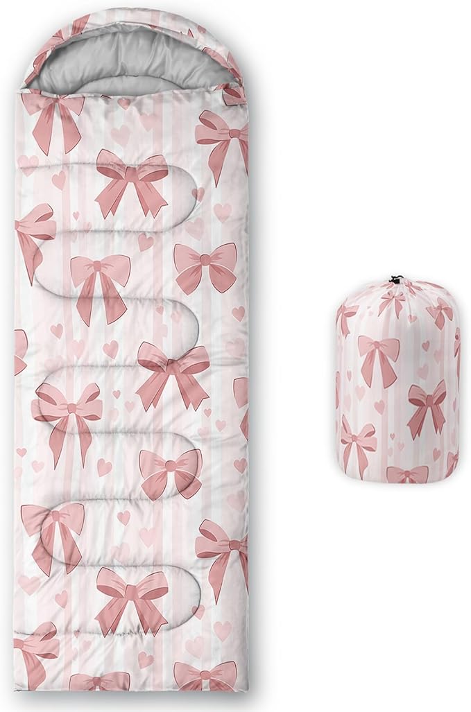 Pink Bow Sleeping Bag,Girly Princess Bowknot Camping Bag for Girls Kids,Pink and White Striped Lightweight Warm Portable Outdoor Indoor-Waterproof Cold Weather Resistant for Camping Hiking