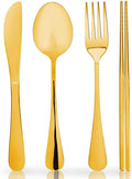 4 Pieces for 1 Persons Chopsticks and Forks Set Silverware Set Kitchen Utensils Set Cutlery Set Flatware Set Dishwasher Safe Mirror Effect for Picnic Camping Barbecue, Gold