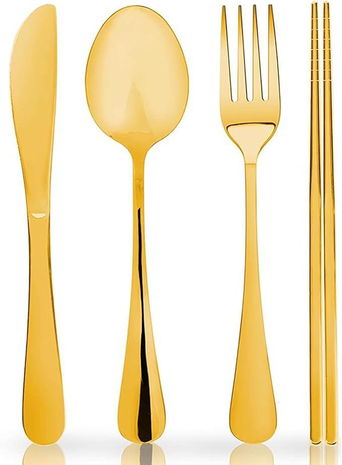 48 Pieces for 12 Persons Chopsticks and Forks Set Silverware Set Kitchen Utensils Set Cutlery Set Flatware Set Dishwasher Safe Mirror Effect for Picnic Camping Barbecue, Gold