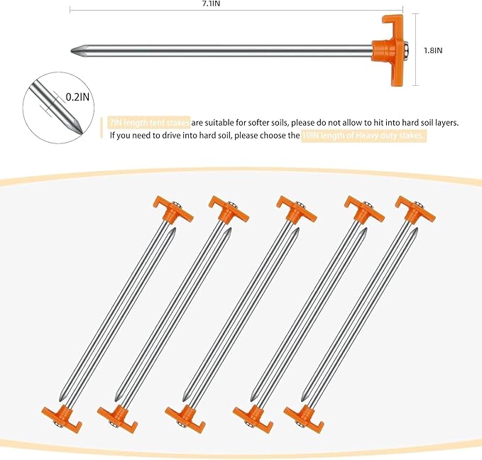 Tent Stakes Camping Stakes,AVOFOREST 7.1inch Non-Rust Metal Tent Pegs Ground Stakes Tent Spikes Camping,Garden,Hiking Orange (Orange 12pcs, 7.1IN)