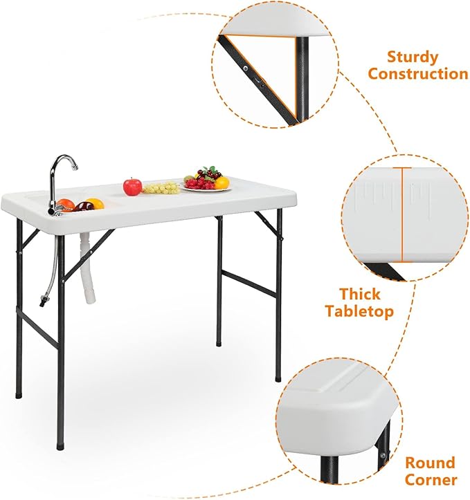 Portable Camping Folding Fish Cleaning Table with Sink & 360-Degree Rotatable Stainless Steel Faucet, Drainage Hose Included - Outdoor Fillet Table for Picnic, Beach & Patio
