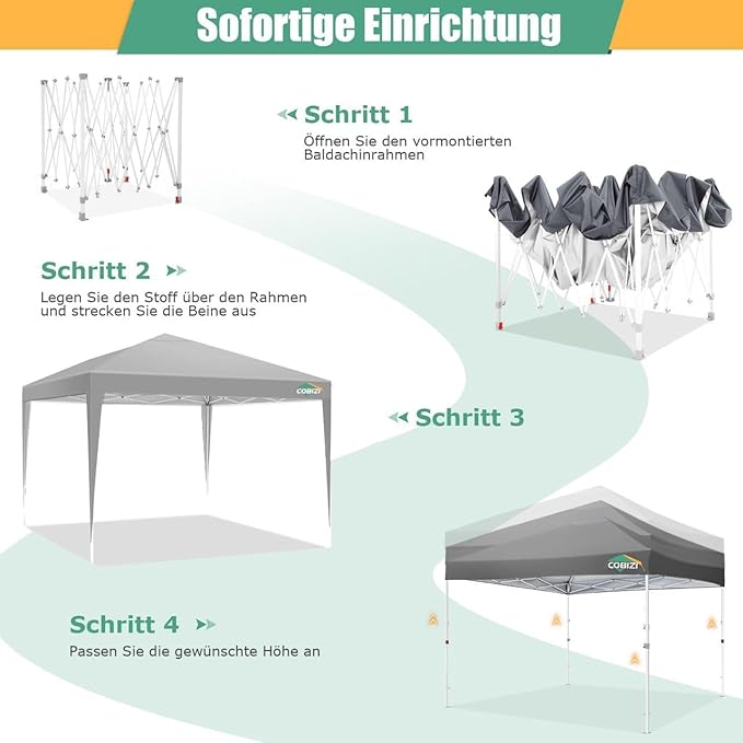 COBIZI 10x10 Pop Up Canopy Tent Without Sidewall, UPF 50+ Waterproof Outdoor Canopy, Instant Tent Portable Canopies Gazebo for Commercial Sun Shade Party Backyard with 4 Sandbags(Gray)