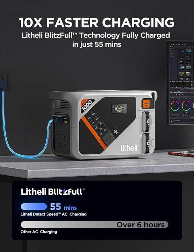 Litheli Eclair 1000 Portable Power Station, 1069Wh 1800W Solar Generator with LiFePO4 Battery, Fast 1H Charging Backup Power for Camping, RV Travel, Home Use, Emergency (Solar Optional)