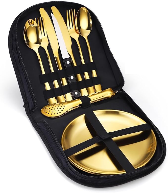 Silverware Flatware Cutlery Set, Outdoor Camping Stainless Steel Table Knife, Fork, Spoon, Plate, Food Clip, Portable Tableware Bag Set.Gold-8Set (Gold 10Set)