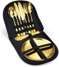 Silverware Flatware Cutlery Set， Outdoor Camping Stainless Steel Table Knife， Fork， Spoon， Plate， Food Clip， Portable Tableware Bag Set，Gold-12Set