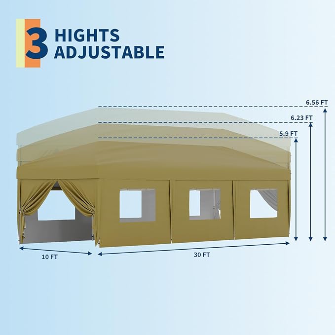 10x30 Pop Up Canopy with 8 SideWalls - Heavy Duty Outdoor Canopy Tent with Portable Roller Bag - 3 Adjustable Height, 4 Weight Bags, 8 Stakes & 6 Guy Ropes Included-Khaki