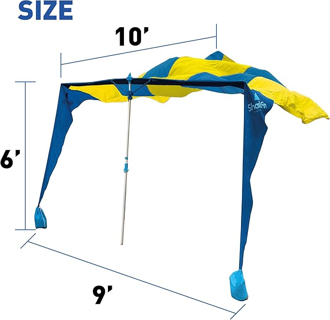 Shark FIN Shade Beach Tent Wind Sun Canopy Portable Easy Set Up UPF 50+ No Assembly Required 3-30 MPH - 1 to 8 People - Tie Downs Included - 2 Sizes Large 9' X 10' & Giant 13.5' X 10' PATENTS Pending