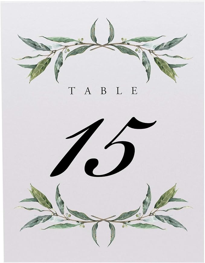 Laurel Wreath and Greenery Wedding Table Numbers, 1-200, Double Sided, Tent or Use in a Stand, Great for Parties & Restaurants - Made in the USA