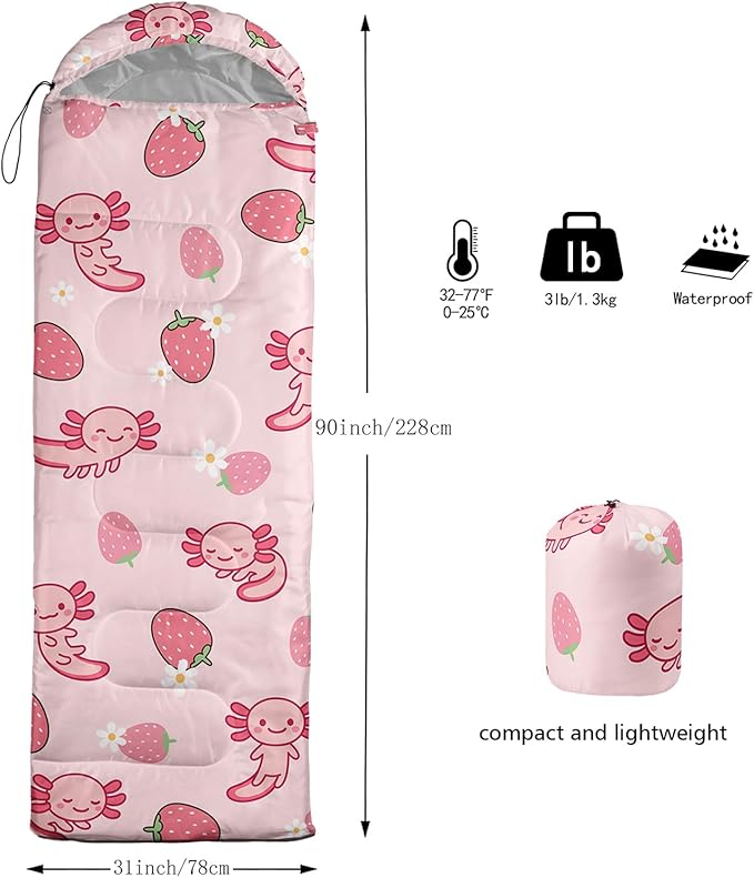 QOOMO Axolotl Cute Camping Sleeping Bags,3 Season Warm & Cool Weather,Lightweight,Waterproof Sleeping Bags for Adults & Kids,Traveling,and Outdoors