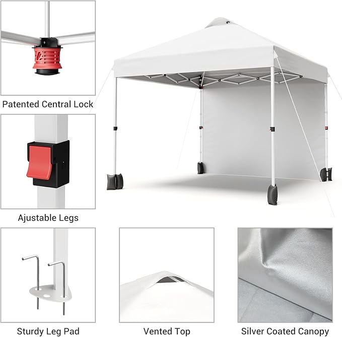 10x10ft Pop Up Canopy Tent with 1 Sidewall, Portable Instant Commercial Canopy Patio Tent with Vented Top Roller Bag 4 Sandbags 4 Ropes and 8 Tent Stakes, White