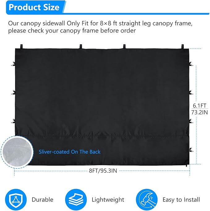 Joramoy Canopy Tent Sidewalls for 8×8 Pop Up Canopy, Instant Canopy SunWall with Waterproof and UV Protection Layer, Straight Leg Canopy Shade Wall, 1 Pack Sidewall Only(Black)