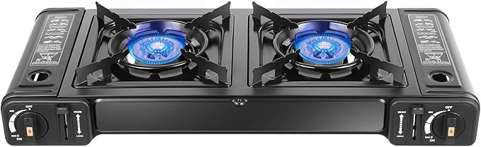 Double Burner Butane Stove, Butane Camping Stove Kit with Carrying Case, Portable Auto Ignition Camping Burner for RV, Apartments, Outdoor