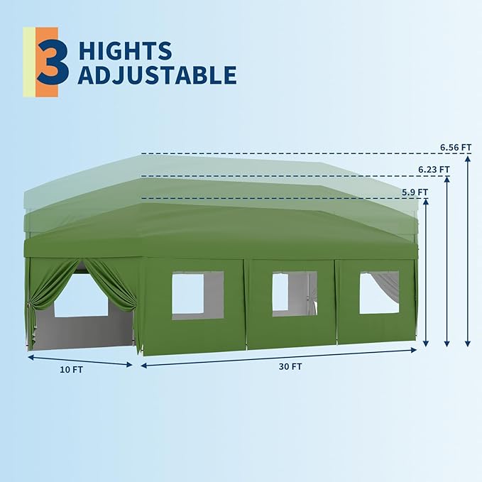 10x30 Pop Up Canopy - Heavy Duty Outdoor Canopy Tent with Portable Roller Bag - 3 Adjustable Height, 4 Weight Bags, 8 Stakes & 6 Guy Ropes Included, Green