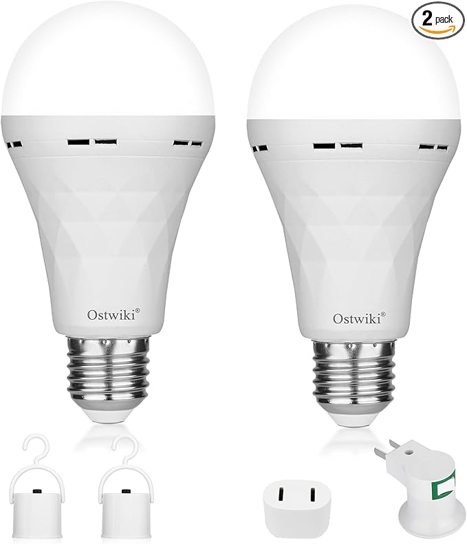 2 Pack Emergency Rechargeable Light Bulbs,Battery Operated Backup Light Bulb 9W E27 8500K 1200mAh White Equivalent Self-Charging LED Light Bulbs for Power Outage Camping Outdoor Activity