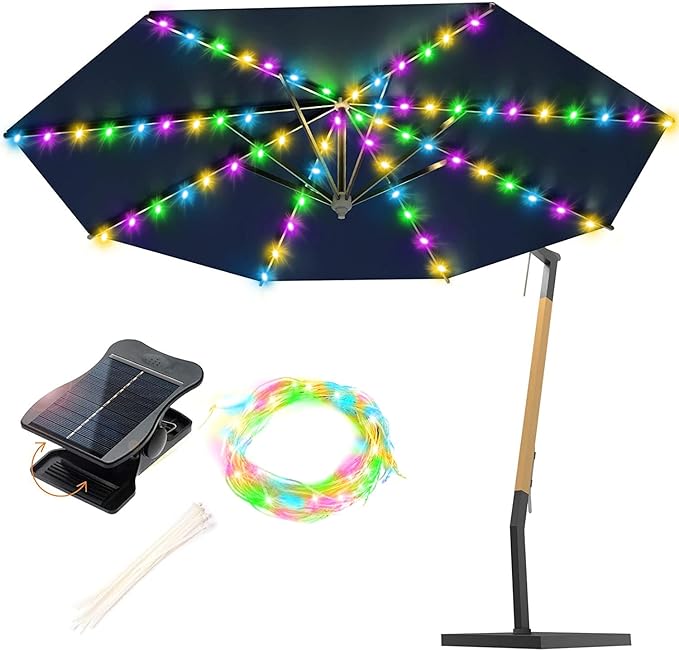 VOOKRY Solar Umbrella Lights Outdoor, Waterproof Solar Powered Patio Umbrella Lights 8 Strands Cordless 8 Modes LED Umbrella Patio Lights for Beach Tent Camping Garden Party Decoration(Multicolor)