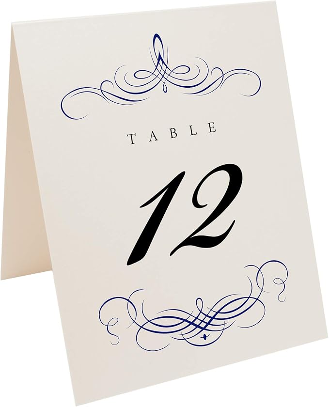 Decadent Flourish Wedding Table Numbers (Select Color/Quantity), Champagne, Navy, 1-50, Double Sided, Tent or Use in a Stand, Great for Parties & Restaurants - Made in the USA