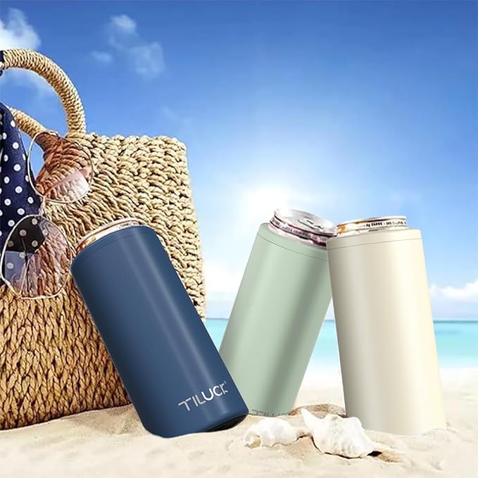 TILUCK Skinny Can Cooler for Slim Beer & Hard Seltzer, Stainless Steel, Doucle-Walled Stainless Steel Insulated Slim Cans, Standard 12 oz (Frosted Navy)
