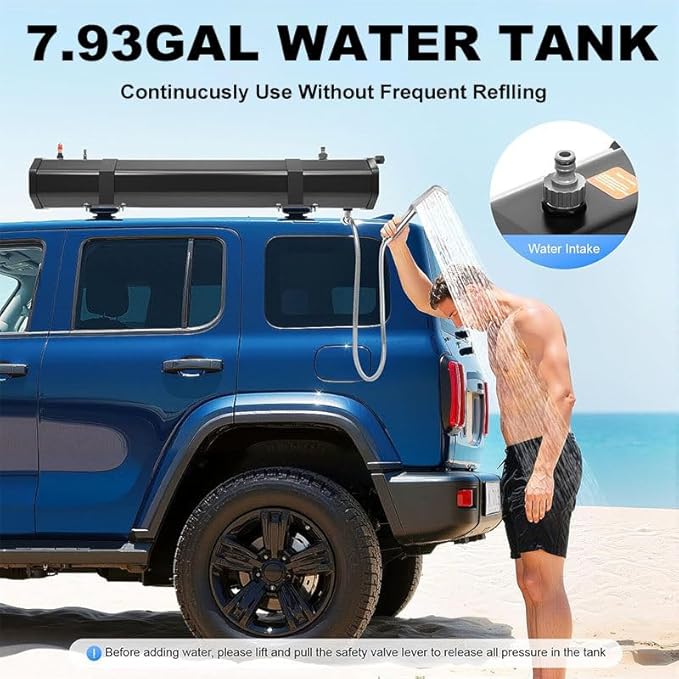 7.9Gallon Portable Camping Solar Shower, Roof Rack Mount Road Shower Pressurized Water Tank w/Storage Bag and 5.58ft Hose, Outdoor Activities Water Supply for SUVs Sedans RVs Trucks,20L/5.28Gal