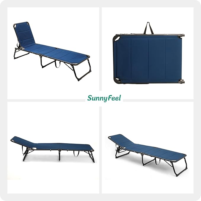 SUNNYFEEL Folding Lounge Chair Patio Chaise, Outdoor Portable Sun Lounger, Folding Camping Cot, with Adjustable Backrest and Removable Pillow for Outside Beach, Sunbathing, Pool, Lawn, Deck
