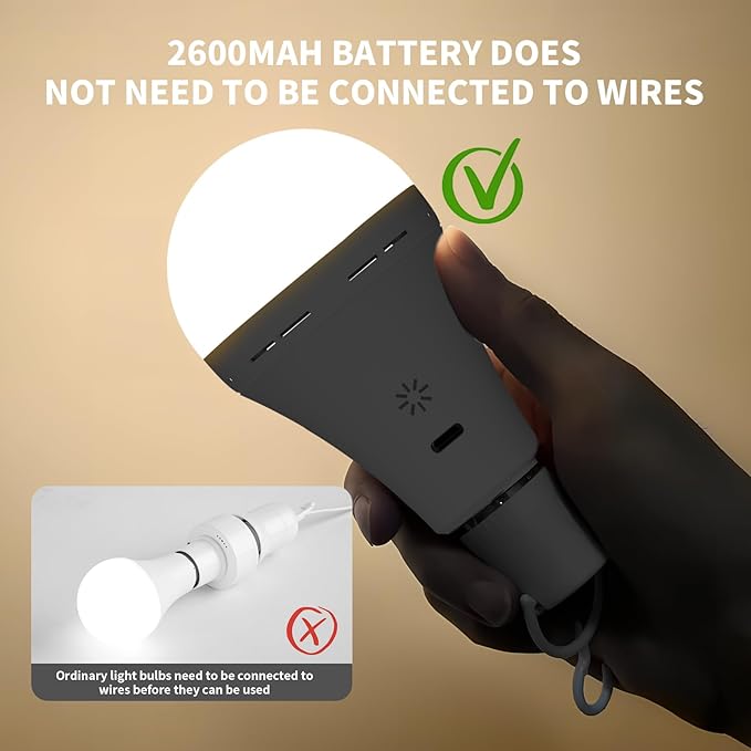 E26 Rechargeable Light Bulbs with Remote Control, 2600mAh Battery Operated Light Bulb with Hook, 3000K-6500K，40W Equivalent, 3 Timer, for Sconces Lamps Without Power, Camping, Emergency 2 Pack