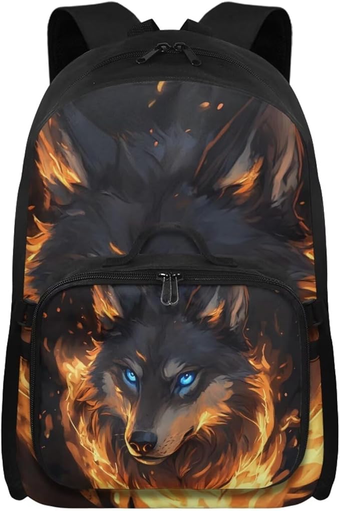 Flame Wolf Backpack with Lunch Box Leakproof 17 Inch Polyester Book Bag for Teens Cool School Bag with Detachable Lunch Bag for Outdoor Camping