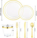 bUCLA 600PCS Clear Plates with Gold Trim - Clear Gold Dinnerware Set Disposable Include 100 Dinner/100 Dessert Plates, 100 Knives, 100 Forks, 100 Spoons, 100 Cups for Wedding, Party