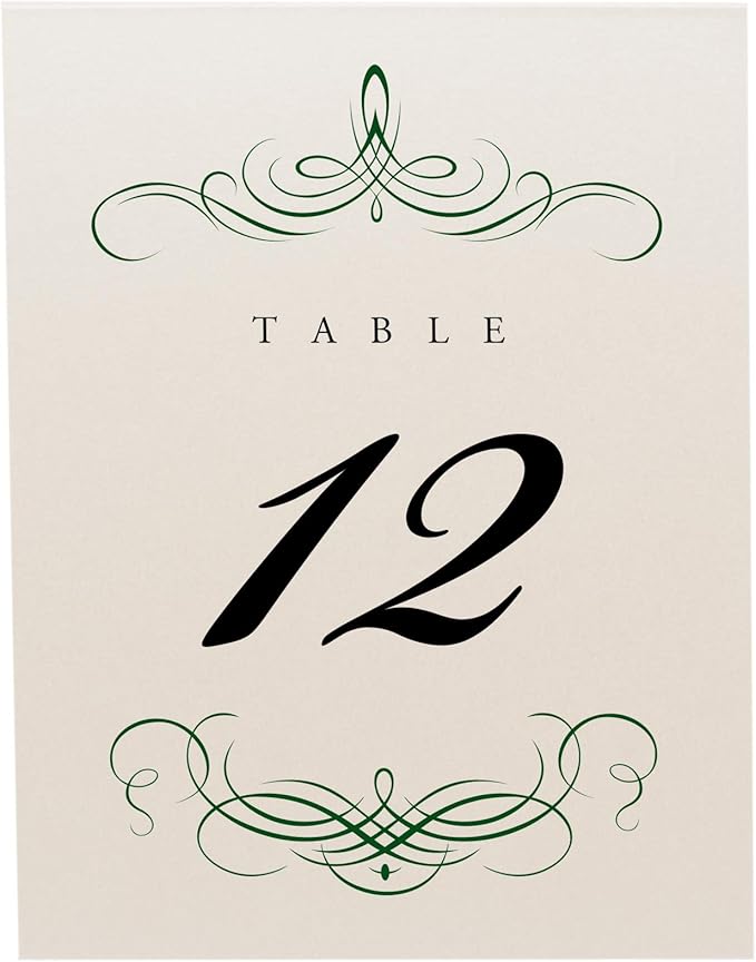 Decadent Flourish Wedding Table Numbers (Select Color/Quantity), Champagne, Hunter Green, 1-45, Double Sided, Tent or Use in a Stand, Great for Parties & Restaurants