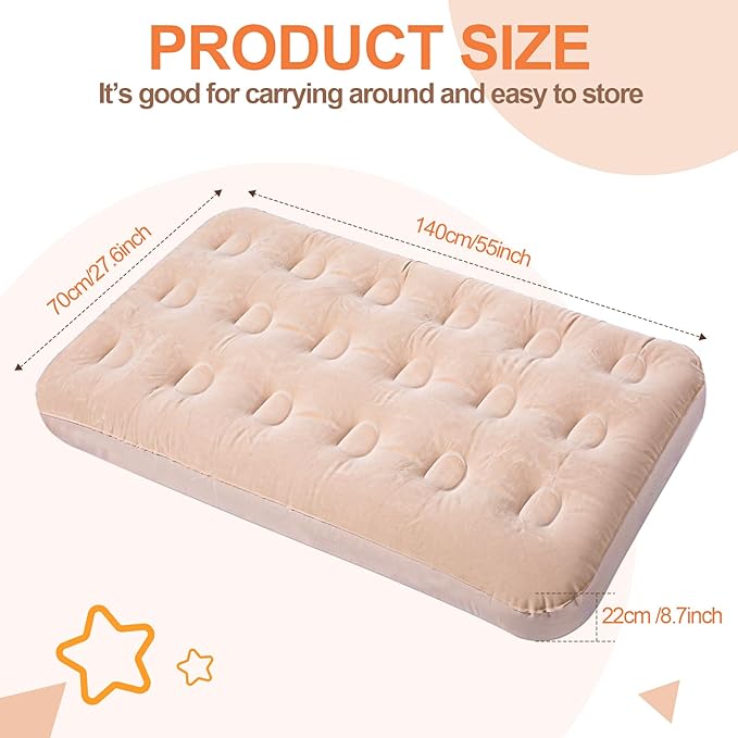 Geetery Kids Air Mattress Toddler Inflatable Airbed 55x27.6x8.7 Inch Foldable Comfort Flocked Blow up Bed with Patch Kit Portable Sleepover Mattresses for Home Travel Camping Party(Beige, 2 Pcs)