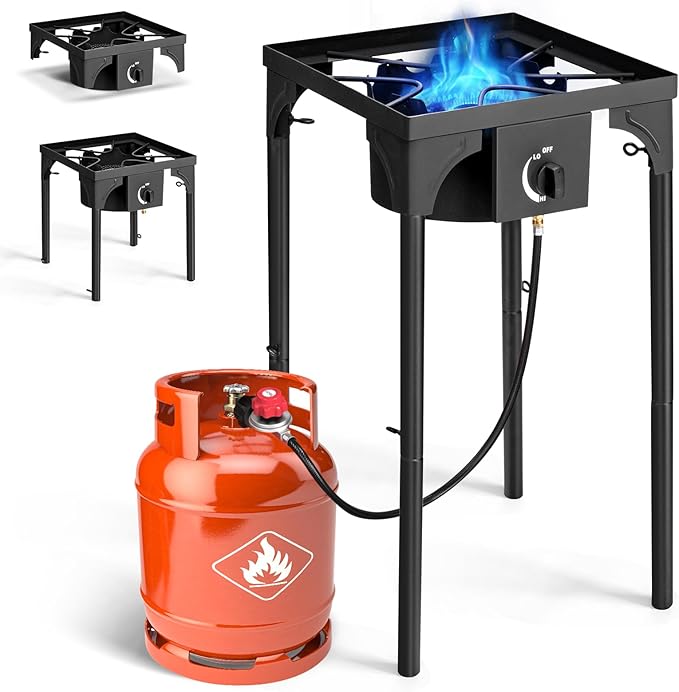 Outvita 1 Burner Propane Gas Stove for Outdoor Cooking, 75,000 BTU Camping Cooker with Removable Legs, Temperature Control Knobs for Backyard Cooking, BBQ, Baking and Frying(Single Burner)