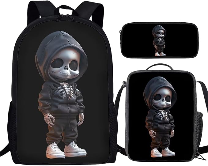 Black Skull Backpack for Teen Boys 3 Pieces Cute Lightweight Bookbag for Boys 8-12 17 Inch Large Capacity Teens School Bag and Lunch Kit for Back to School Travel Hiking Rucksack