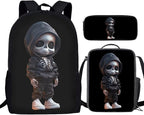 Black Skull Backpack for Teen Boys 3 Pieces Cute Lightweight Bookbag for Boys 8-12 17 Inch Large Capacity Teens School Bag and Lunch Kit for Back to School Travel Hiking Rucksack