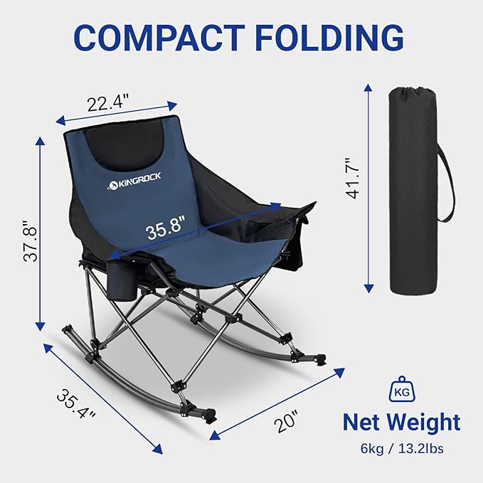 KINGROCK Oversized Rocking Camping Chair with Headrest and Carry Bag, 260LBS Capacity Folding Portable Camp Chairs for Adults, Recliner for Outdoor, Beach, Fishing, Travel, Sports Games,Navy Blue