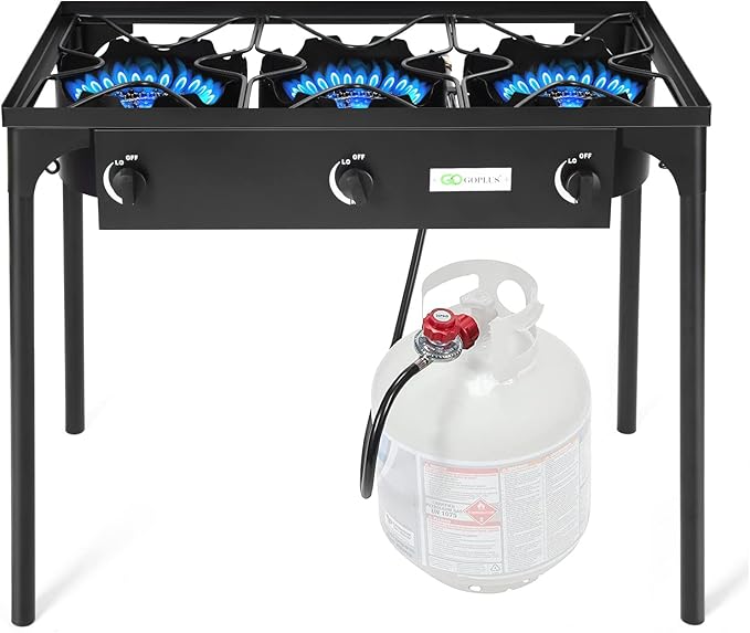 Goplus Outdoor Camping Stove, 3 Burner Propane Gas Cooker w/Detachable Legs & CSA Regulator & 0-20 PSI Regulator for Camp Patio RV, Cast Iron, 225,000-BTU