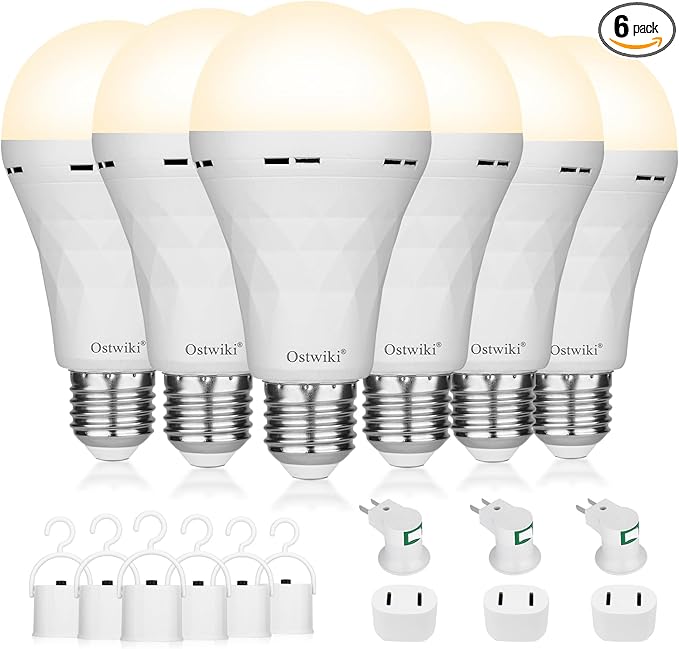 Rechargeable Light Bulbs, 1200mAh Led Battery Backup Bulb for Lamps 6 Pack Emergency Light Bulbs for Power Outage Hurricane Camping 9W 3000K A21 Warm Light Battery Operated Light Bulb E26