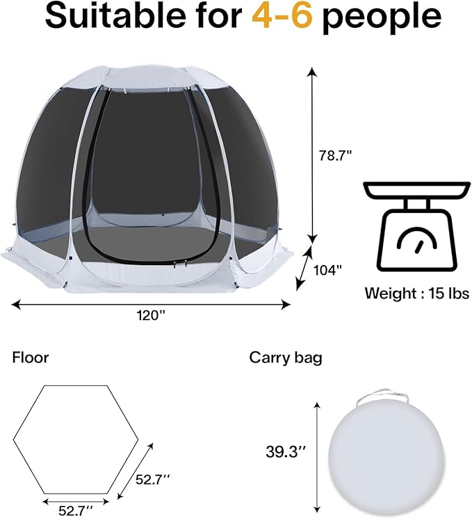 Alvantor Pop Up Screen House Gazebo with Mosquito Netting, Instant UV Resistant Sun Shelter for Patio & Backyard, Portable Canopy Tent for 2-10 Person