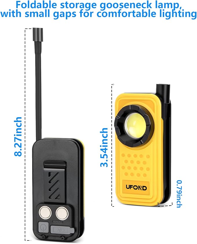 UFOND 800LM Rechargeable Flashlight,Lightweight Pocket Work Light Gooseneck Lamp,Dual Head Lamp Source 4 Mode Brightness,Magnetic Clip Aluminum Alloy Spotlight,for Repair Outdoor Camping Emergency