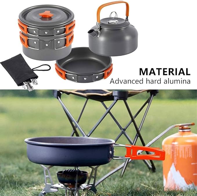 Camping Cookware Kit Outdoor Aluminum Cooking Set Water Kettle Pan Pot Travelling Hiking Picnic BBQ Tableware Equipment (Color : B) (A)