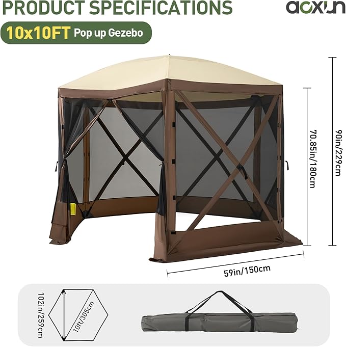 Aoxun 10x10FT Pop-up Canopy Shelter Tent, 6-Sided Canopy Tent with Carry Bag and Stakes, Screen House Sun Shelter Tents for Camping, Backyard, Patio, Lawn, Brown