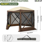 Aoxun 10x10FT Pop-up Canopy Shelter Tent, 6-Sided Canopy Tent with Carry Bag and Stakes, Screen House Sun Shelter Tents for Camping, Backyard, Patio, Lawn, Brown