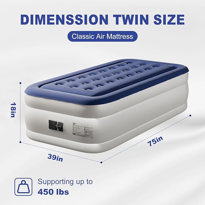 Outvita 18in Twin Air Mattress with Built-in Pump, Quick Assembly Comfort Luxury Blow Up Air Bed Self-Inflation/Deflation - Breathable and Flatness-Free for Guests and Home, Camping, Travel