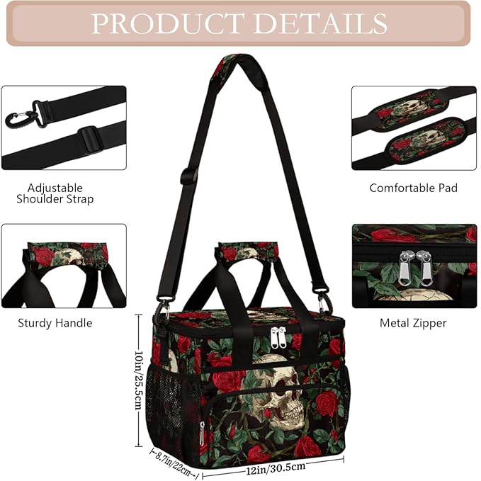 Gothic Skull Rose Flower Soft Cooler Bag Insulated Lunch Box for Men & Women, Large Leakproof Lunch Bag Portable Beach Cooler for Work, Picnic, Road Trips,Fishing, Travel, Camping,A-8
