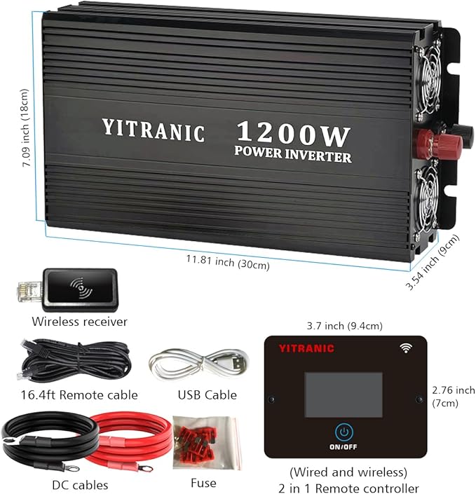 1200W Pure Sine Wave Inverter, DC 12V to AC 120V, with Wireless Remote Control, 4 AC Outlets, USB-A/C Ports for Home, RV, Camping, Electronics, Outdoor Use, Upgraded of 1000W Inverter