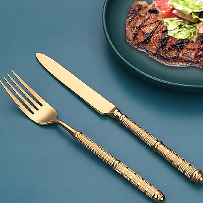 Gold 30 Piece Silverware Set Service for 6,Premium Stainless Steel Flatware Set Vintage Embossed Cutlery Utensil Set Home Kitchen Eating Tableware Set Include Fork Knife Spoon Set Dishwasher Safe
