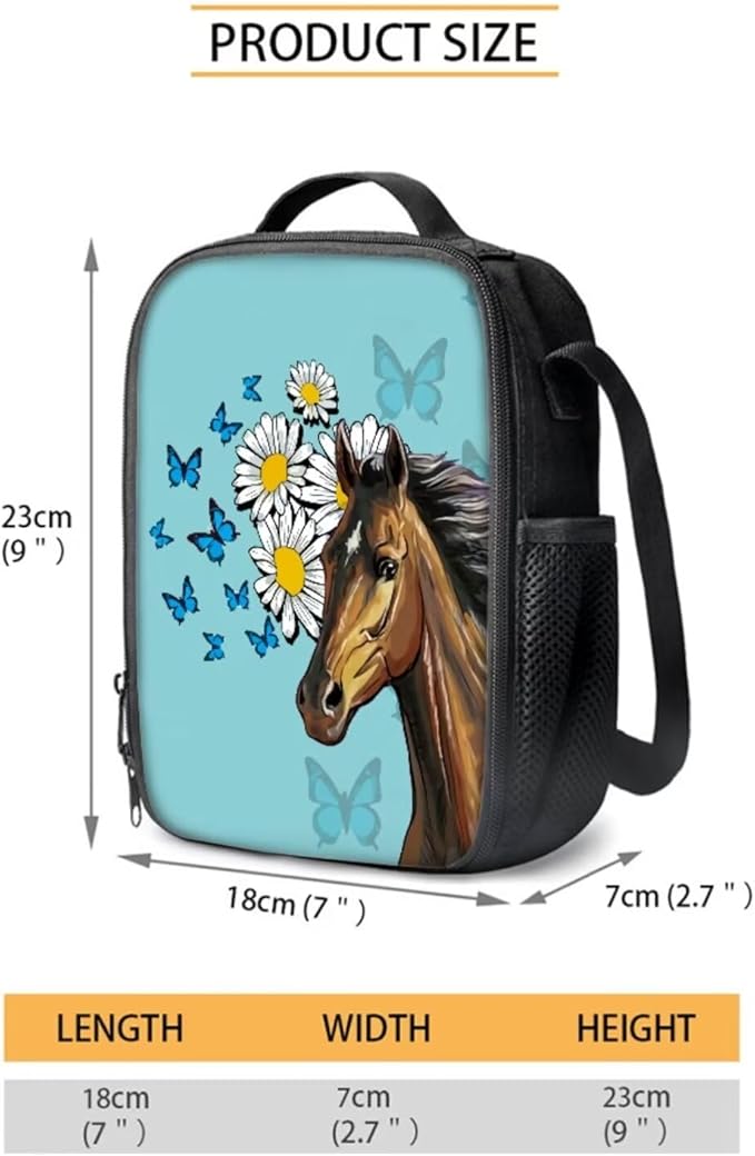 Daisy Butterfly and Horse Patterns 3 Pieces Book Bag Set with Large Capacity Pencil Case Lunch Bag, Study Supplies for Boys Lightweight Stylish Cool School Bag Gift